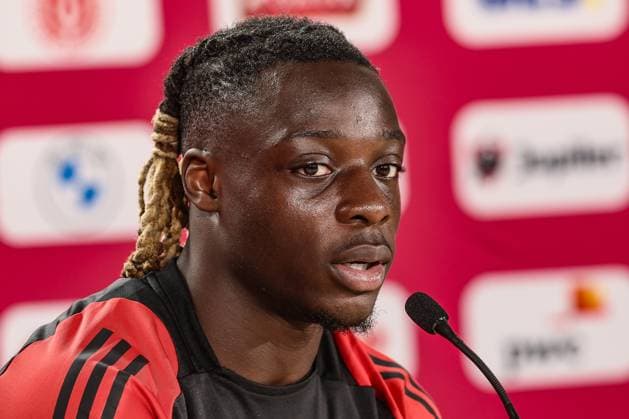 Belgium s Jeremy Doku pictured during a press conference, PK, Pressekonferenz of Belgian national soccer team Red Devils, Monday 24 June 2024 at their base camp in Freiberg am Neckar, Germany, during the UEFA EURO, EM, Europameisterschaft,Fussball 2024 European Soccer Championships. The Red Devils play in Group E at the Euro 2024 European Championships in Germany and have one last game to play. BRUNOxFAHY  x95171962x
