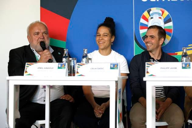 Jörg Junhold, Celia Å aÅ¡iÄ‡ und Philipp Lahm beim Mediengespräch zur Zwischenbilanz zu den Spielen der UEFA EURO, EM, Europameisterschaft,Fussball 2024 in Liepzig im Media Centre. Leipzig, 24.06.2024