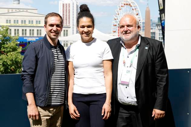 Philipp Lahm, Celia Å aÅ¡iÄ‡ und Jörg Junhold beim Mediengespräch zur Zwischenbilanz zu den Spielen der UEFA EURO, EM, Europameisterschaft,Fussball 2024 in Liepzig im Media Centre. Leipzig, 24.06.2024