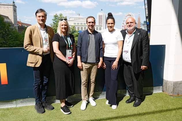 Heiko Rosenthal, Katie Brazier, Philipp Lahm, Celia Sacic und Jörg Junhold beim Mediengespräch zur Zwischenbilanz zu den Spielen der UEFA EURO, EM, Europameisterschaft,Fussball 2024 in Liepzig im Media Centre. Leipzig, 24.06.2024