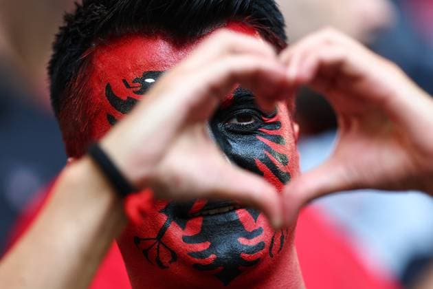 Albania v Spain 24 June 2024, Dusseldorf - UEFA EUROs - Group B - Albania v Spain - Albania fans - Photo: Charlotte Wilson Offside. Dusseldorf Germany Copyright: xCharlottexWilsonx xOffsidexOffside