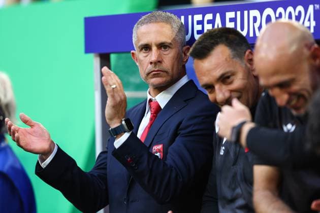 Albania v Spain 24 June 2024, Dusseldorf - UEFA EUROs - Group B - Albania v Spain - Albania coach Sylvinho - Photo: Charlotte Wilson Offside. Dusseldorf Germany Copyright: xCharlottexWilsonx xOffsidexOffside