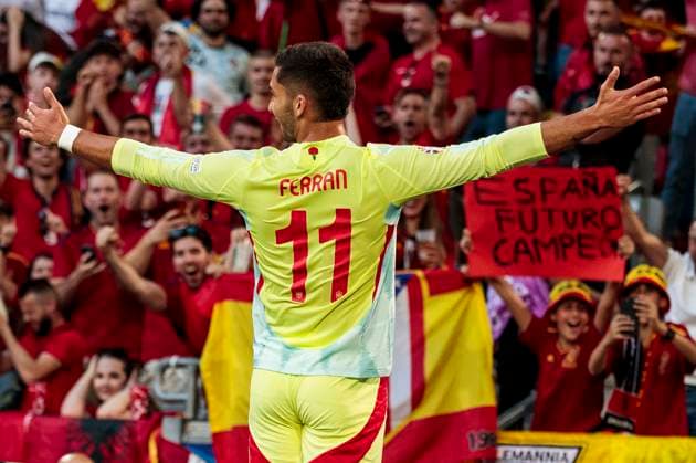 UEFA EURO, EM, Europameisterschaft,Fussball 2024: Albanien - Spanien; 24.06.2024 Ferran Torres (Spanien, 11) jubelt nach seinem Tor. UEFA EURO 2024: Albanien - Spanien; Arena Düsseldorf, Düsseldorf, am 24.06.2024 Copyright: xBEAUTIFULxSPORTS Meuselx