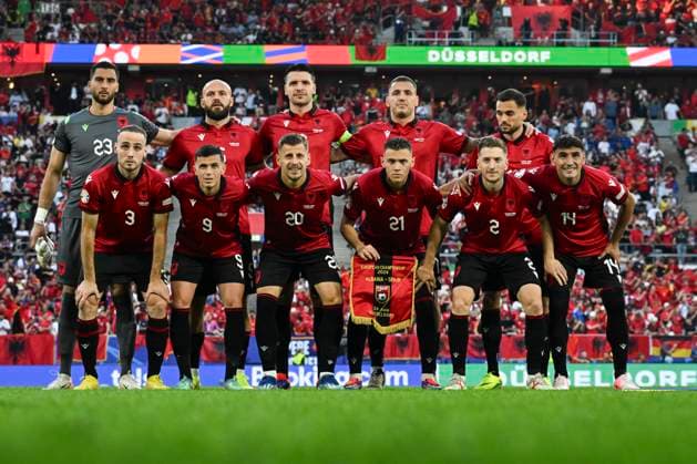 Mannschaftsfoto Albanien, Albanien vs. Spanien , Fussball, UEFA EURO, EM, Europameisterschaft,Fussball 2024, Gruppenphase, 3. Spieltag, 24.06.2024 Düsseldorf Nordrhein-Westfalen Deutschland