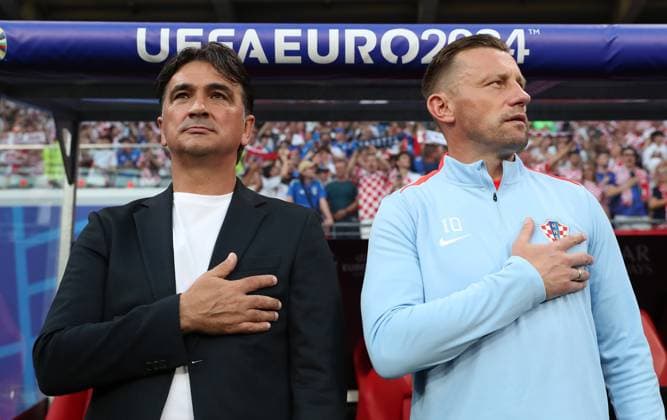 24.06.2024, xtgx, Fussball EM 2024, Kroatien - Italien emspor, v.l. Trainer Coach Zlatko Vlasic (Kroatien Croatia), Co-Trainer Coach Ivica Olic (Kroatien Croatia) (UEFA REGULATIONS PROHIBIT ANY USE OF PHOTOGRAPHS as IMAGE SEQUENCES and or QUASI-VIDEO) Leipzig