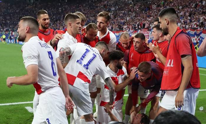 24.06.2024, xtgx, Fussball EM 2024, Kroatien - Italien emspor, v.l. Luka Modric (Kroatien Croatia), celebrate the goal, Der Torjubel zum 1:0 (UEFA REGULATIONS PROHIBIT ANY USE OF PHOTOGRAPHS as IMAGE SEQUENCES and or QUASI-VIDEO) Leipzig