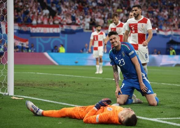 Leipzig, Germany, 24th June 2024. Alessandro Bastoni of Italy reacts after Dominik Livakovic of Croatia saved a point blank header from the Italian defender during the UEFA European Championships match at Leipzig Stadium, Leipzig. Picture credit should read: Jonathan Moscrop Sportimage EDITORIAL USE ONLY. No use with unauthorised audio, video, data, fixture lists, club league logos or live services. Online in-match use limited to 120 images, no video emulation. No use in betting, games or single club league player publications. SPI-3190-0015