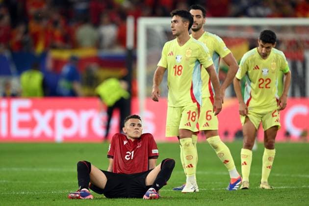 DUSSELDORF - Kristjan Asllani of Albania disappointment during the UEFA EURO, EM, Europameisterschaft,Fussball 2024 group B match between Albania and Spain at Dusseldorf Arena on June 24, 2024 in Dusseldorf, Germany. ANP Hollandse Hoogte UEFA EURO 2024 2024 xVIxANPxSportx xGerritxvanxKeulenxIVx 501979601 originalFilename: 501979601.jpg