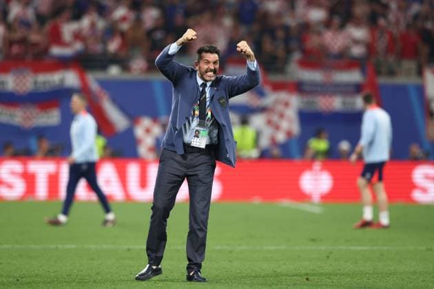 Ex Italy international goalkeeper and backroom staff member Gianluigi Buffon celebrates after the full time whistle Croatia v Italy, UEFA European Championship, EM, Europameisterschaft 2024, Group B, Football, Leipzig Stadium, Leipzig, Germany, 24 Jun 2024 EDITORIAL USE ONLY No use with unauthorised audio, video, data, fixture lists, club league logos or live services. Online in-match use limited to 120 images, no video emulation. No use in betting, games or single club league player publications. Copyright: xMattxWest Shutterstockx 14551036cv