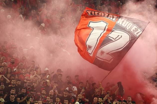 Albania v Spain 24 June 2024, Dusseldorf - UEFA EUROs - Group B - Albania v Spain - Albania fans - Photo: Charlotte Wilson Offside. Dusseldorf Germany Copyright: xCharlottexWilsonx xOffsidexOffside