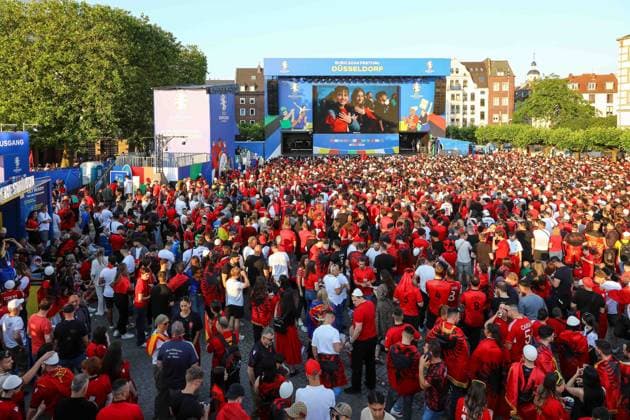 Fan Zone Burgplatz in Düsseldorf - Public Viewing: UEFA EURO, EM, Europameisterschaft,Fussball 2024 - Albanien gegen Spanien; 24.06.2024 Fan Zone Burgplatz in Düsseldorf - Public Viewing: UEFA EURO 2024 - Albanien gegen Spanien am 24.06.2024, Düsseldorf. - Copyright: xBEAUTIFULxSPORTS KennyxBeelex
