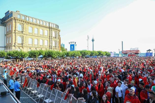 Fan Zone Burgplatz in Düsseldorf - Public Viewing: UEFA EURO, EM, Europameisterschaft,Fussball 2024 - Albanien gegen Spanien; 24.06.2024 Fan Zone Burgplatz in Düsseldorf - Public Viewing: UEFA EURO 2024 - Albanien gegen Spanien am 24.06.2024, Düsseldorf. - Copyright: xBEAUTIFULxSPORTS KennyxBeelex