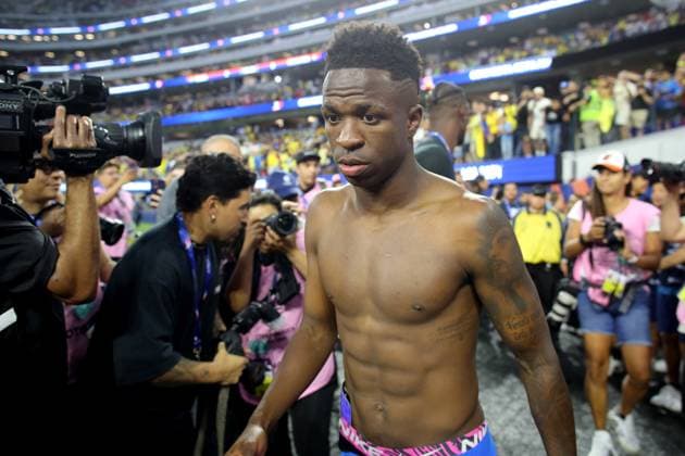 Brazil v Costa Rica 24 June 2024 Inglewood USA, Copa America Brazil v Costa Rica - bare chested Vinicius Junior of Brazil after the match. (Photo by Mark Leech). Inglewood California USA Copyright: xMarkxLeechxOffside