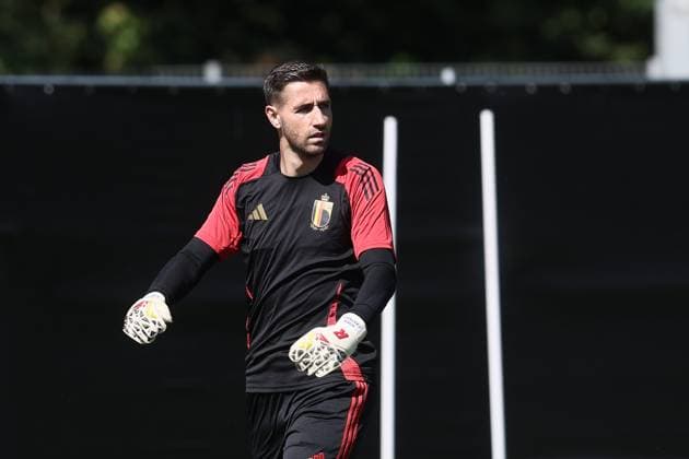 Belgium s goalkeeper Koen Casteels pictured in action during a training session of Belgian national soccer team Red Devils, Tuesday 25 June 2024 in Stuttgart, Germany, during the UEFA EURO, EM, Europameisterschaft,Fussball 2024 European Soccer Championships. The Red Devils play in Group E at the Euro 2024 European Championships in Germany and have one last game to play. BRUNOxFAHY  x95222386x