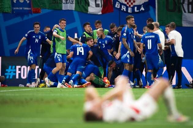 Croatia v Italy - UEFA EURO, EM, Europameisterschaft,Fussball 2024 Mattia Zaccagni of Italy celebrates with teammates after scoring a goal during the UEFA EURO 2024 group stage football match between Croatia and Italy. Leipzig Germany Copyright: xNicolòxCampox