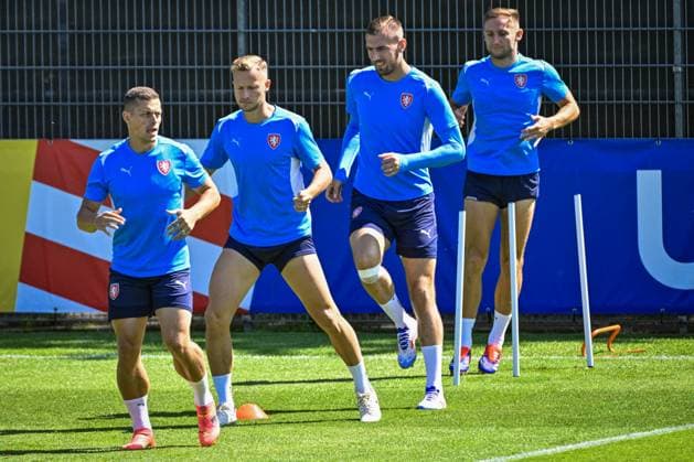 Czech national football team training before the last match of Group F against Turkey within the European Football Championships in Norderstedt, Germany, June 24, 2024. From left Tomas Holes, Antonin Barak, Tomas Chory and Jan Kuchta. (CTKxPhoto VitxSimanek) CTKPhotoP2024062503882  CTKPhotoP2024062503882