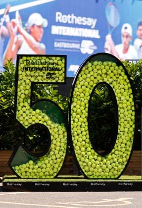 25th June 2024; Devonshire Park, Eastbourne, East Sussex, England: Rothesay International Eastbourne, Day 2, A ball display to mark 50 years of tennis completed at Devonshire Park Eastbourne  ActionPlus12660297 HongboxChen