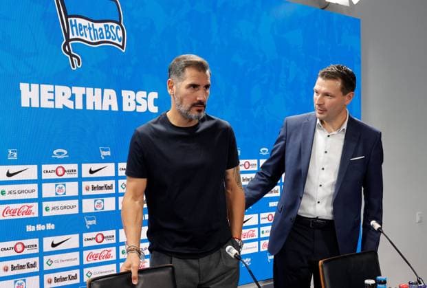 Trainer Cristian Fiel, Sportdirektor Benjamin Weber, Deutschland, Berlin, Sportpark, Fussball, Herren, Saison 2024 2025, 2. Bundesliga, Hertha BSC, Pressekonferenz, Vorstellung des neuen Trainers Cristian Fiel