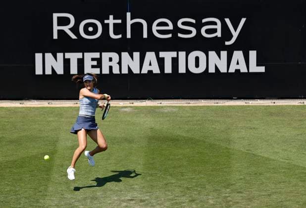 25th June 2024; Devonshire Park, Eastbourne, East Sussex, England: Rothesay International Eastbourne, Day 2, Emma Raducanu (GBR) plays a forehand against Sloane Stephens (USA) womens singles  ActionPlus12660389 HongboxChen