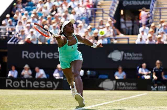 25th June 2024; Devonshire Park, Eastbourne, East Sussex, England: Rothesay International Eastbourne, Day 2, Sloane Stephens (USA) plays a forehand against Emma Raducanu (GBR) womens singles  ActionPlus12660393 HongboxChen