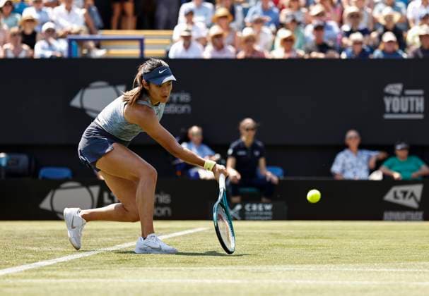 25th June 2024; Devonshire Park, Eastbourne, East Sussex, England: Rothesay International Eastbourne, Day 2, Emma Raducanu (GBR) plays a forehand against Sloane Stephens (USA) womens singles  ActionPlus12660397 HongboxChen