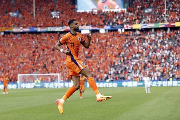 BERLIN - Cody Gakpo of Holland celebrates the 1-1 during the UEFA EURO, EM, Europameisterschaft,Fussball 2024 group D match between the Netherlands and Austria at the Olympiastadion on June 25, 2024 in Berlin, Germany. ANP MAURICE VAN STEEN UEFA EURO 2024 2024 xVIxANPxSportx xxANPxIVx 502044966 originalFilename: 502044966.jpg