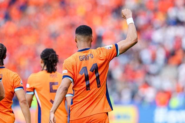 2024-06-25 Netherlands v Austria - Group D - UEFA EURO, EM, Europameisterschaft,Fussball 2024 BERLIN, GERMANY - JUNE 25: Cody Gakpo of the Netherlands celebrates after scoring his teams first goal during the Group D - UEFA EURO 2024 match between Netherlands and Austria at Olympiastadion on June 25, 2024 in Berlin, Germany. (Photo by Peter Lous BSR Agency) Berlin Germany Content not available for redistribution in The Netherlands directly or indirectly through any third parties. Copyright: xBSRxAgencyx