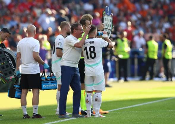 25.06.2024, xtgx, Fussball EM 2024, Niederlande - Österreich emspor, v.l. Trainer Ralf Rangnick (Oesterreich), Romano Schmid (Oesterreich) (UEFA REGULATIONS PROHIBIT ANY USE OF PHOTOGRAPHS as IMAGE SEQUENCES and or QUASI-VIDEO) Berlin