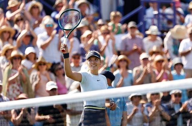 25th June 2024; Devonshire Park, Eastbourne, East Sussex, England: Rothesay International Eastbourne, Day 2, Katie Boulter (GBR) celebrates her victory after defeating Petra Martic (CRO) , womens singles  ActionPlus12660475 HongboxChen