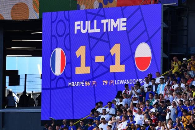 Fußball UEFA EURO, EM, Europameisterschaft,Fussball 2024 Gruppenphase 3. Spieltag Frankreich - Polen am 25.06.2024 im BVB Stadion Dortmund in Dortmund Anzeigetafel Videowand 1:1 Endstand