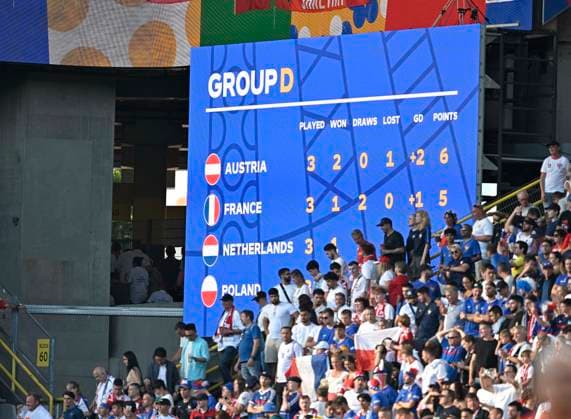 25.06.2024, Fussball UEFA EURO, EM, Europameisterschaft,Fussball 2024, Vorrunde, 3.Spieltag, Frankreich - Polen, im BVB-Stadion in Dortmund, Auf der Anzeigetafel steht das Österreich den ersten Platz in der Tabelle der Gruppe D hat