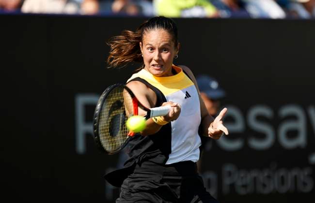 25th June 2024; Devonshire Park, Eastbourne, East Sussex, England: Rothesay International Eastbourne, Day 2, Daria Kasatkina plays a forehand against Xinyu Wang (CHN) , womens singles match  ActionPlus12660488 HongboxChen