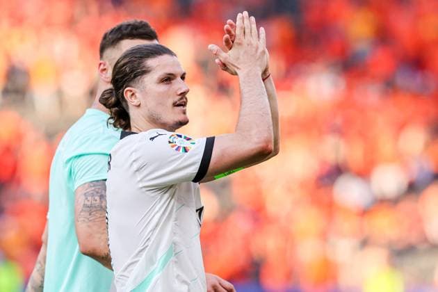 2024-06-25 Netherlands v Austria - Group D - UEFA EURO, EM, Europameisterschaft,Fussball 2024 BERLIN, GERMANY - JUNE 25: Marcel Sabitzer of Austria celebrates his sides win during the Group D - UEFA EURO 2024 match between Netherlands and Austria at Olympiastadion on June 25, 2024 in Berlin, Germany. (Photo by Peter Lous BSR Agency) Berlin Germany Content not available for redistribution in The Netherlands directly or indirectly through any third parties. Copyright: xBSRxAgencyx