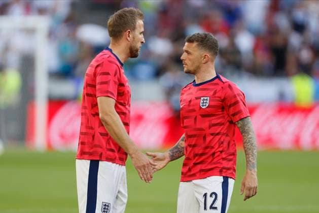England v Slovenia: Group C - UEFA EURO, EM, Europameisterschaft,Fussball 2024 Harry Kane and Kieran Trippier of England warms up before the UEFA EURO 2024 group stage match between England and Slovenia at Cologne Stadium on June 25, 2024 in Cologne, Germany. Cologne Cologne Stadium Germany Germany Copyright: xRichardxSellers Sportsphoto APLx 14042695