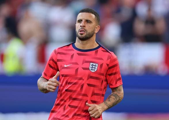 Cologne, Germany, 25th June 2024. Kyle Walker of England warms up before the UEFA European Championships match at Cologne Stadium, Cologne. Picture credit should read: David Klein Sportimage EDITORIAL USE ONLY. No use with unauthorised audio, video, data, fixture lists, club league logos or live services. Online in-match use limited to 120 images, no video emulation. No use in betting, games or single club league player publications. SPI-3205-0014