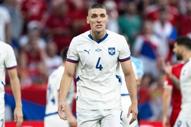 240625 Nikola Milenkovic of Serbia reacts during the UEFA EURO, EM, Europameisterschaft,Fussball 2024 Football Championship match between Denmark and Serbia on June 25, 2024 in Munich. Photo: Mathias Bergeld BILDBYRAN kod MB MB0940 fotboll football soccer fotball fotbolls-em europamästerskap em uefa euro uefa european football championship euro 2024 danmark denmark serbien serbia bbeng Copyright: MATHIASxBERGELD BB240625MB040