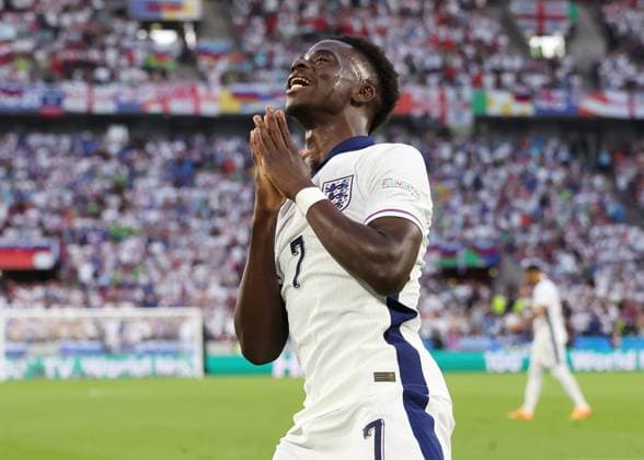 Cologne, Germany, 25th June 2024. Bukayo Saka of England reacts to his goal being called offside during the UEFA European Championships match at Cologne Stadium, Cologne. Picture credit should read: David Klein Sportimage EDITORIAL USE ONLY. No use with unauthorised audio, video, data, fixture lists, club league logos or live services. Online in-match use limited to 120 images, no video emulation. No use in betting, games or single club league player publications. SPI-3205-0038