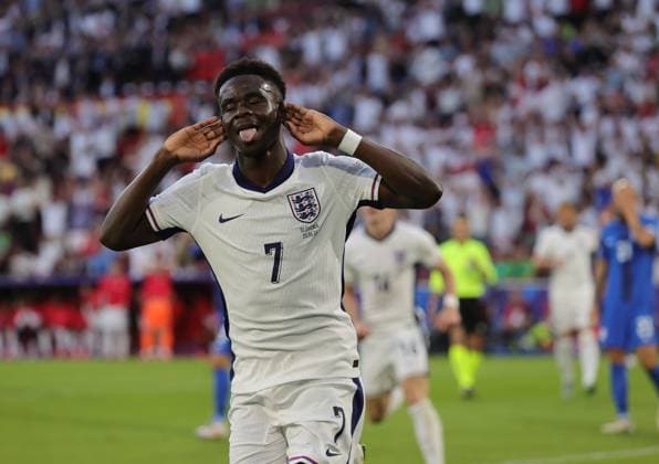 England v Slovenia UEFA EURO, EM, Europameisterschaft,Fussball 2024 Group C Bukayo Saka of England celebrates but his effort is ruled out for offside during the UEFA Euro 2024 Group C match between England and Slovenia at RheinEnergieStadion, Cologne Copyright: xPaulxChestertonx FIL-20274-0089 UK Newspapers OUT
