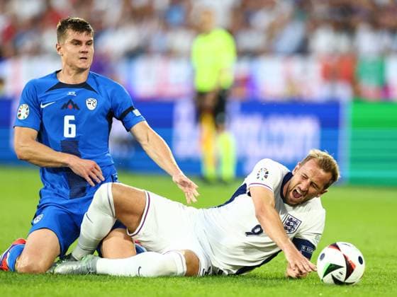 England v Slovenia 25 June 2024, Cologne - UEFA EUROs - Group C - England v Slovenia - Harry Kane of England and Jaka Bijol of Slovenia - Photo: Charlotte Wilson Offside. Cologne Germany Copyright: xCharlottexWilsonx xOffsidexOffside