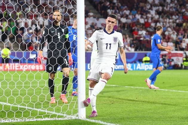 England v Slovenia 25 June 2024, Cologne - UEFA EUROs - Group C - England v Slovenia - Phil Foden of England kicks the post in frustration - Photo: Charlotte Wilson Offside. Cologne Germany Copyright: xCharlottexWilsonx xOffsidexOffside