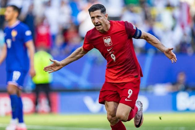 France Vs Poland during the UEFA EURO, EM, Europameisterschaft,Fussball 2024 match in Dortmund, Germany Robert Lewandowski of Poland celebrates a goal during the UEFA EURO 2024 group stage match between France and Poland at Football Stadium Dortmund. Copyright: xMikolajxBarbanellx