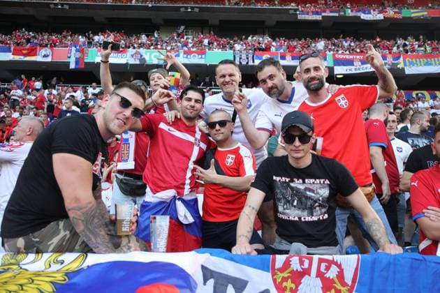 Supporters (Serbia) during the UEFA EURO, EM, Europameisterschaft,Fussball Germany 2024 match between Denmark 0-0 Serbia at Munich Football Arena on June 25, 2024 in Munich, Germany. Noxthirdxpartyxsales  (257681822)