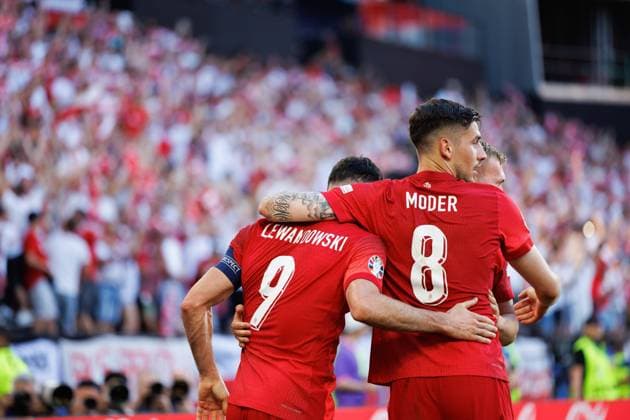 France Vs Poland in Dortmund, Germany - 25 Jun 2024 Robert Lewandowski (Poland) (L) seen celebrating after scoring a goal with Jakub Moder during the UEFA EURO, EM, Europameisterschaft,Fussball 2024 game between national teams of France and Poland at Signal Iduna Park. Final score; France 1:1 Poland Dortmund Germany Copyright: xMaciejxRogowskix xSOPAxImagesx AMROGOWSKI-20