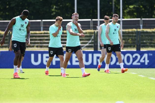 SOCCER - UEFA EURO, EM, Europameisterschaft,Fussball 2024 BERLIN,GERMANY,26.JUN.24 - SOCCER -UEFA EURO 2024, OEFB, Oesterreichischer Fussball-Bund, training. Image shows Kevin Danso, Matthias Seidl, Andreas Weimann, Michael Gregoritsch and Maximilian Entrup (AUT).  GEPAxpictures xArminxRauthner