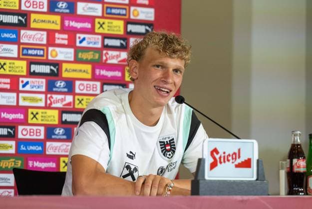 Fussball, Herren, Saison 2023 2024, EM 2024 in Deutschland, Pressekonferenz der Nationalelf von Österreich im ÖFB Media Center Berlin (Marshall-Haus Messe Berlin), Leopold Querfeld (Österreich), 26.06. 2024, Copyright: xMatthiasxKochx