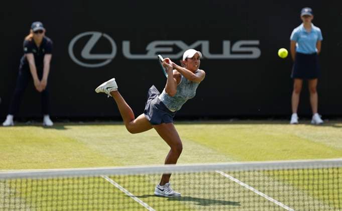 26th June 2024; Devonshire Park, Eastbourne, East Sussex, England: Rothesay International Eastbourne, Day 3, Madison Keys (USA) plays backhand against Anhelina Kalinina (UKR) , womens singles match  ActionPlus12660740 HongboxChen