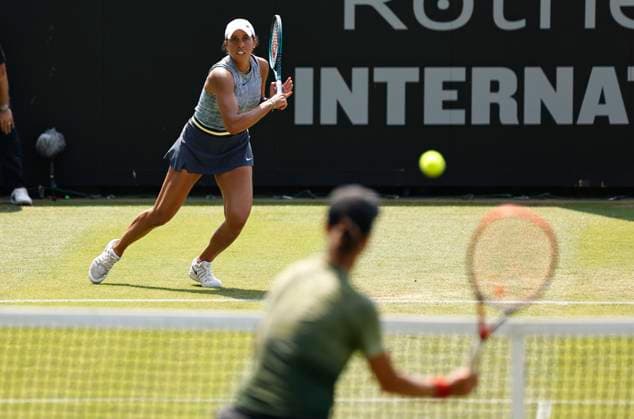 26th June 2024; Devonshire Park, Eastbourne, East Sussex, England: Rothesay International Eastbourne, Day 3, Madison Keys (USA) plays a forehand against Anhelina Kalinina (UKR) , womens singles match  ActionPlus12660742 HongboxChen
