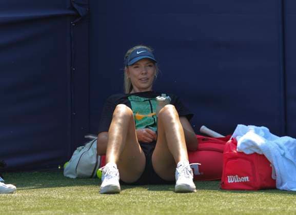 26th June 2024; Devonshire Park, Eastbourne, East Sussex, England: Rothesay International Eastbourne, Day 3, Katie Boulter (GBR) takes a break during her practice ahead of her womens singles match  ActionPlus12660690 HongboxChen
