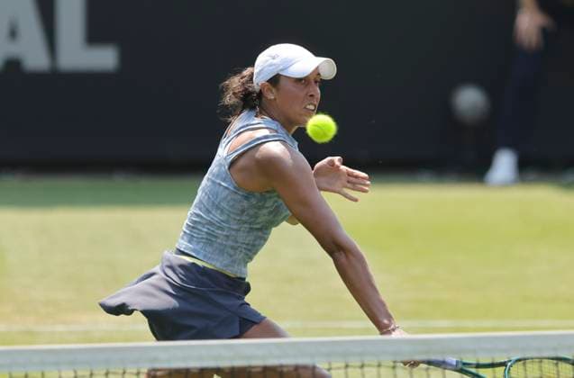 26th June 2024; Devonshire Park, Eastbourne, East Sussex, England: Rothesay International Eastbourne, Day 3, Madison Keys (USA) plays backhand against Anhelina Kalinina (UKR) , womens singles match  ActionPlus12660693 HongboxChen