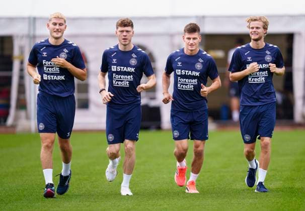 Jonas Wind, Andreas Skov Olsen, Joakim Maehle and Morten Hjulmand (seen from left) during the national team, Nationalteam s training in Freudenstadt, Germany Wednesday, June 26, 2024. (Photo: Liselotte Sabroe Ritzau Scanpix) , Freudenstadt Tyskland Copyright: Ritzau Scanpix LiselottexSabroex spdk20240626-163818-L